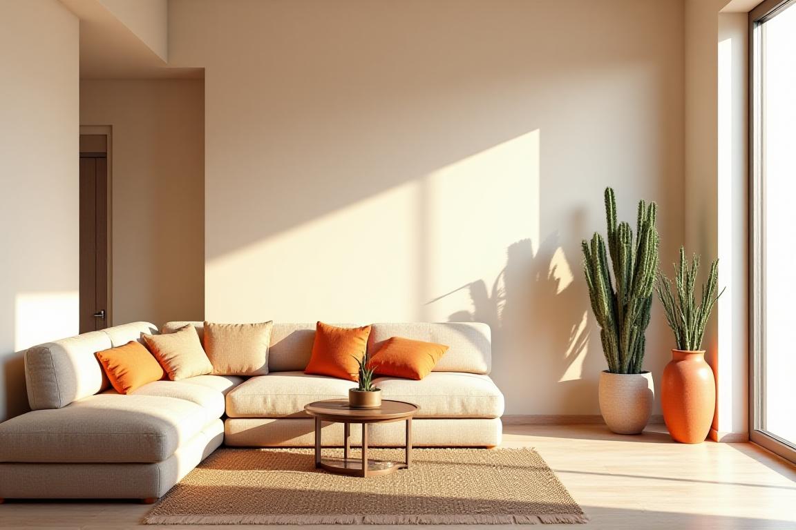 Minimalist apartment living room with terracotta pots